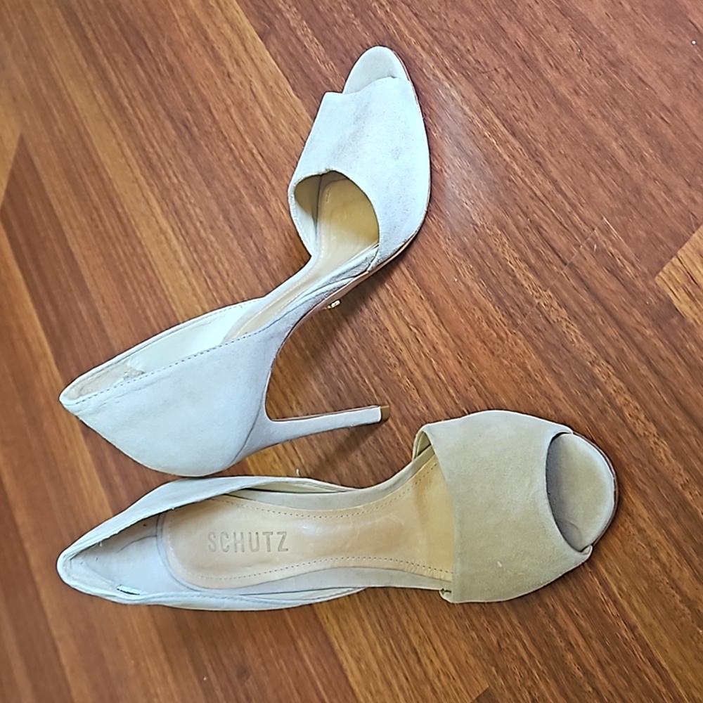 SCHUTZ Open Toe Pump 4", Slip On Open Sides Suede Leather Natural Tan US7 EUR37